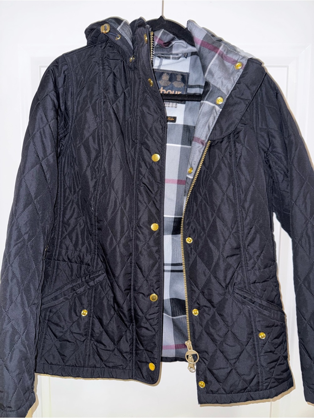 Quilted Hooded Jacket by Barbour Navy Blue Tartan
